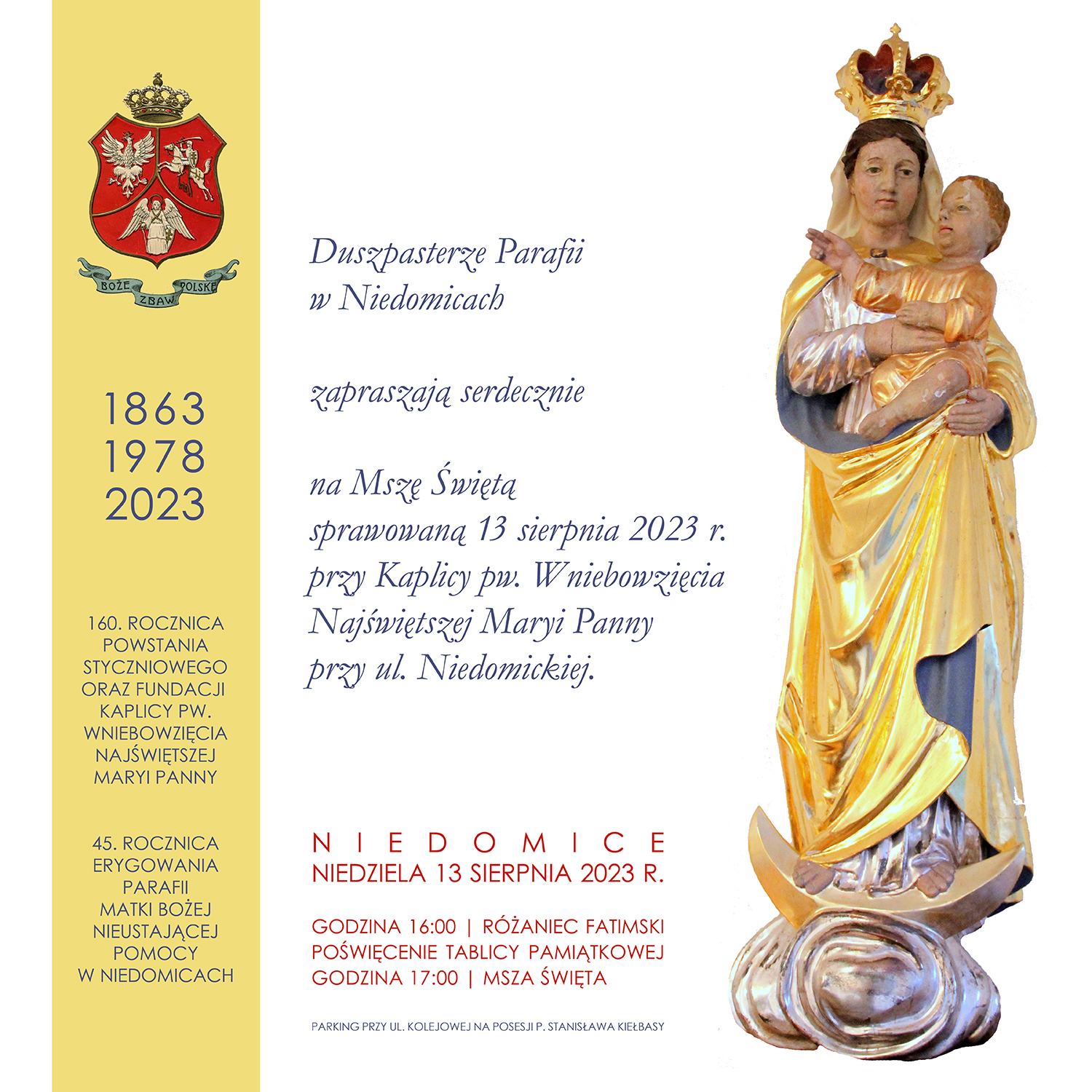 Zaproszenie na mszę św. 13 sierpnia 2023 przy kaplicy w Niedomicach